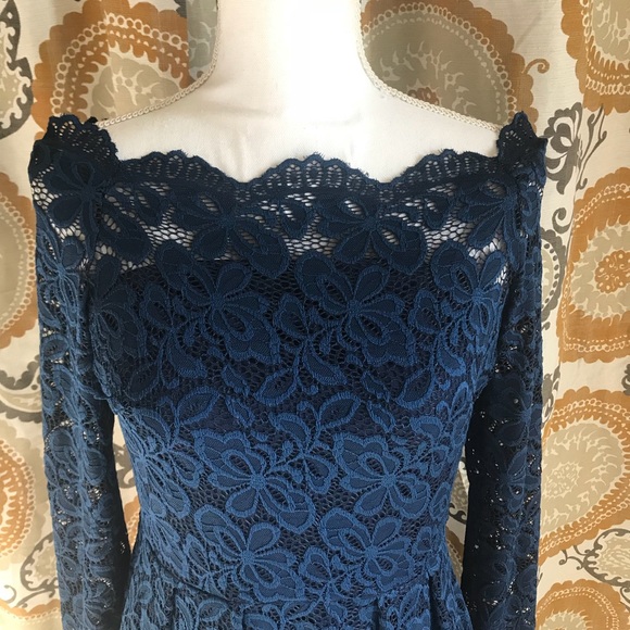 Navy long sleeve lace, off the shoulder dress - Picture 2 of 5
